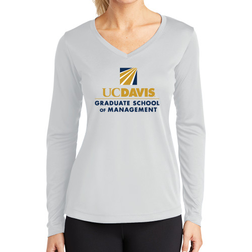  Womens White Performance Long Sleeve V Neck Shirt - Graduate School of Management Stacked