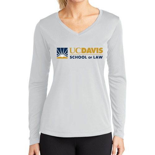  Womens White Performance Long Sleeve V Neck Shirt - School of Law