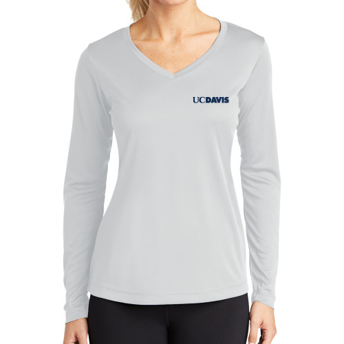  Womens White Performance Long Sleeve V Neck Shirt - UC DAVIS