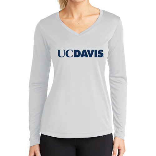  Womens White Performance Long Sleeve V Neck Shirt - UC DAVIS