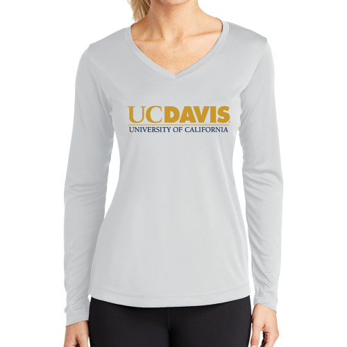  Womens White Performance Long Sleeve V Neck Shirt - UC DAVIS U of C