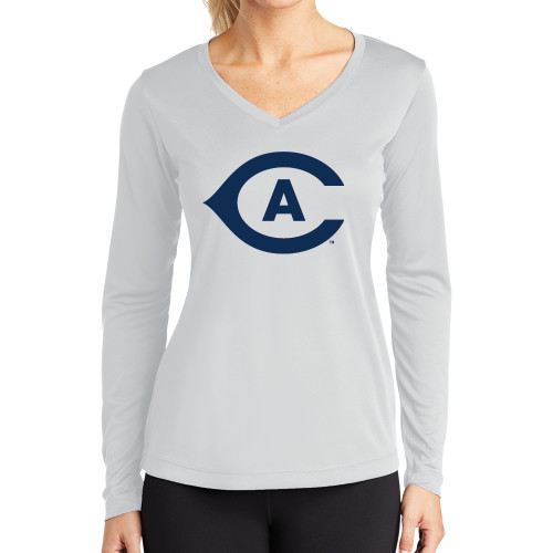  Womens White Performance Long Sleeve V Neck Shirt - Secondary Athletics Mark