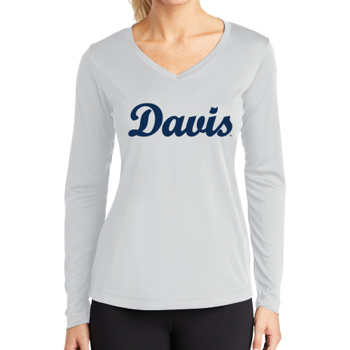  Womens White Performance Long Sleeve V Neck Shirt - Script Davis