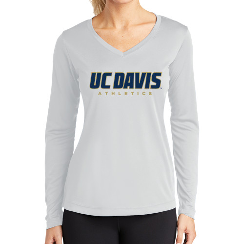  Womens White Performance Long Sleeve V Neck Shirt - Primary Athletics Mark
