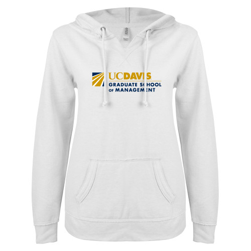  ENZA Womens White V Notch Raw Edge Fleece Hoodie - Graduate School of Management Flat