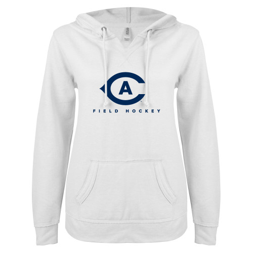  ENZA Womens White V Notch Raw Edge Fleece Hoodie - Field Hockey