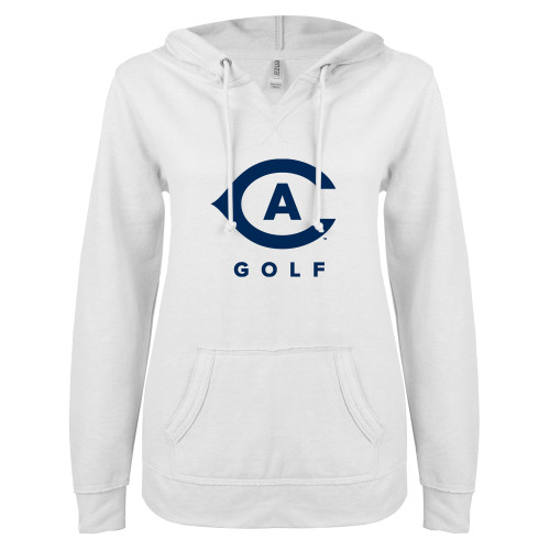  ENZA Womens White V Notch Raw Edge Fleece Hoodie - Golf