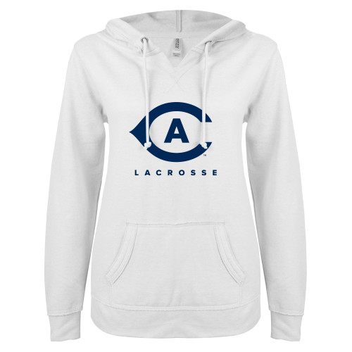  ENZA Womens White V Notch Raw Edge Fleece Hoodie - Lacrosse