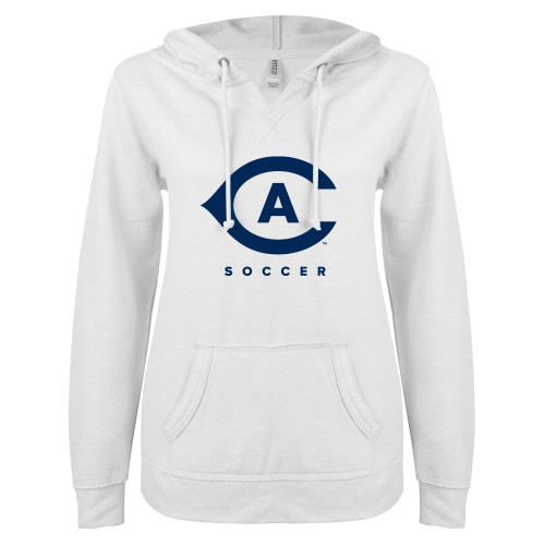  ENZA Womens White V Notch Raw Edge Fleece Hoodie - Soccer
