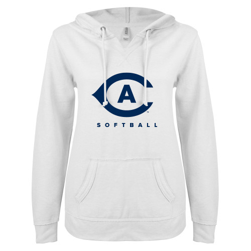  ENZA Womens White V Notch Raw Edge Fleece Hoodie - Softball