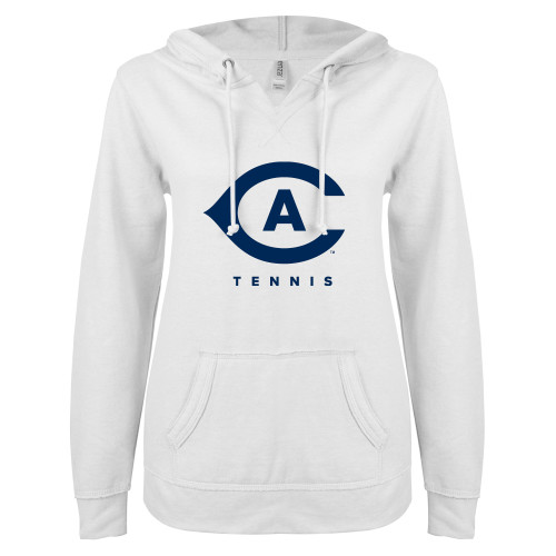  ENZA Womens White V Notch Raw Edge Fleece Hoodie - Tennis