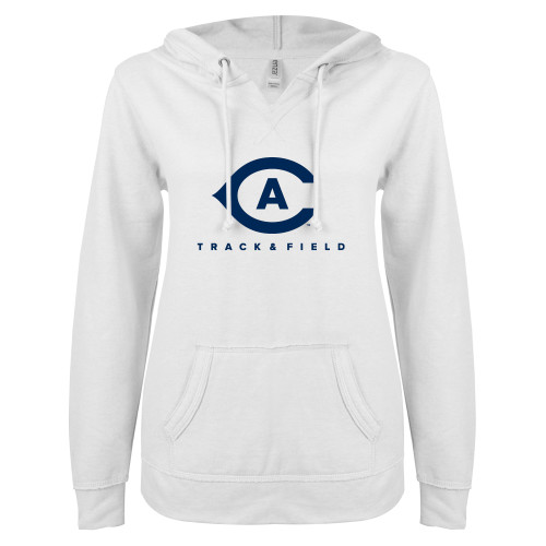 ENZA Womens White V Notch Raw Edge Fleece Hoodie - Track and Field