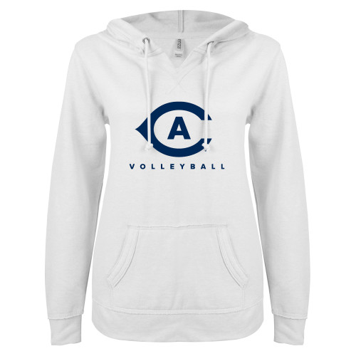 ENZA Womens White V Notch Raw Edge Fleece Hoodie - Volleyball