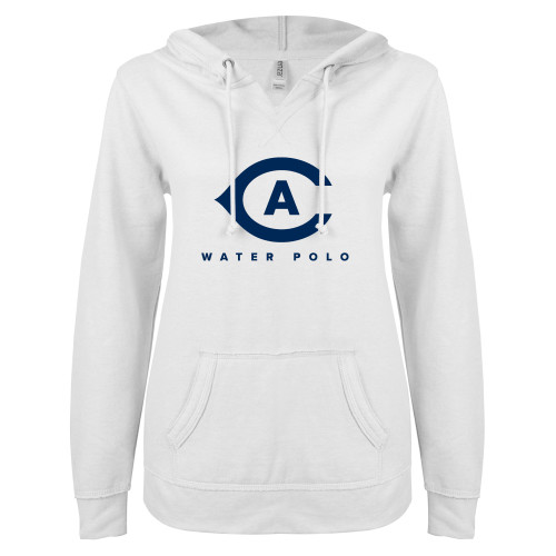  ENZA Womens White V Notch Raw Edge Fleece Hoodie - Water Polo