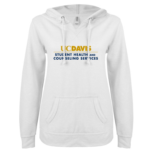  ENZA Womens White V Notch Raw Edge Fleece Hoodie - UC Davis Student Health and Counseling Services Centered