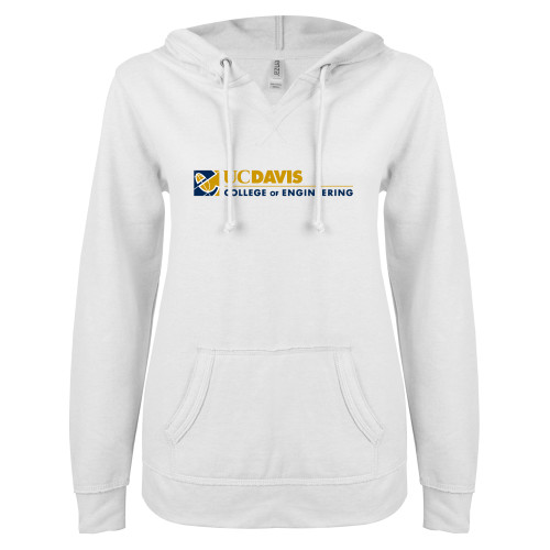  ENZA Womens White V Notch Raw Edge Fleece Hoodie - College of Engineering