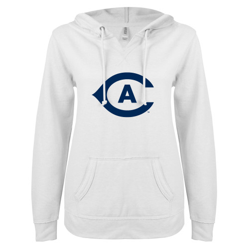  ENZA Womens White V Notch Raw Edge Fleece Hoodie - Secondary Athletics Mark