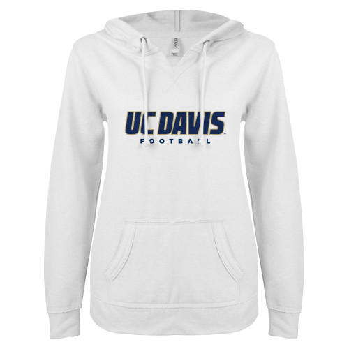  ENZA Womens White V Notch Raw Edge Fleece Hoodie - Football