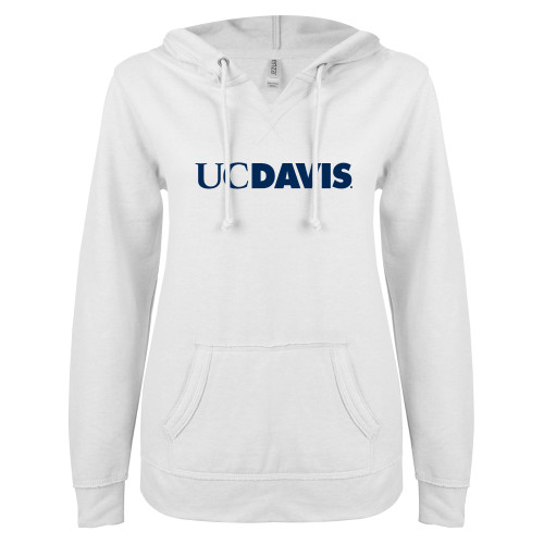  ENZA Womens White V Notch Raw Edge Fleece Hoodie - UC DAVIS