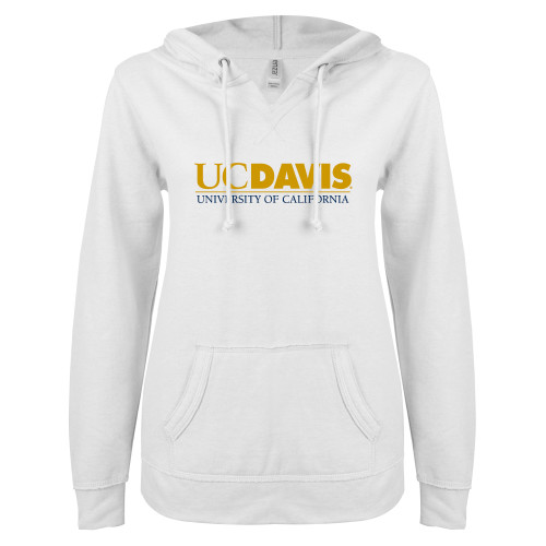  ENZA Womens White V Notch Raw Edge Fleece Hoodie - UC DAVIS U of C