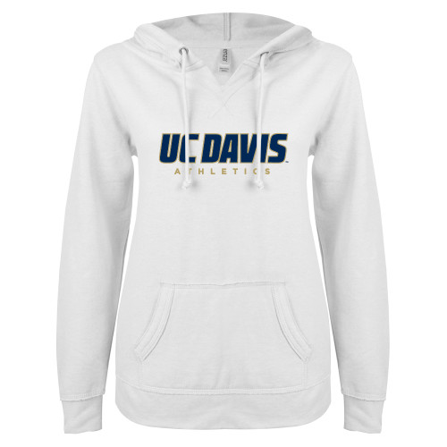 ENZA Womens White V Notch Raw Edge Fleece Hoodie - Primary Athletics Mark