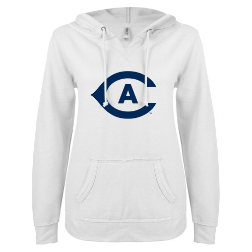  ENZA Womens White V Notch Raw Edge Fleece Hoodie - Secondary Athletics Mark