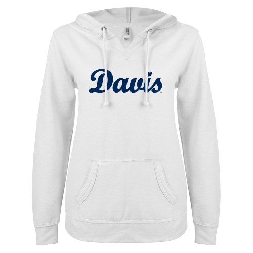  ENZA Womens White V Notch Raw Edge Fleece Hoodie - Script Davis