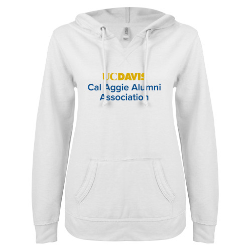  ENZA Womens White V Notch Raw Edge Fleece Hoodie - UC Davis Cal Aggie Alumni Association