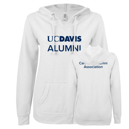  ENZA Womens White V Notch Raw Edge Fleece Hoodie - UC Davis Alumni