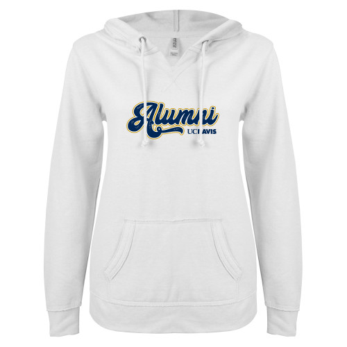  ENZA Womens White V Notch Raw Edge Fleece Hoodie - UC Davis Alumni Vintage Script
