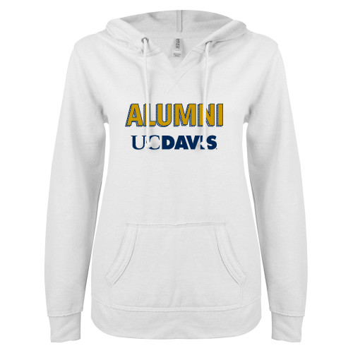  ENZA Womens White V Notch Raw Edge Fleece Hoodie - UC Davis Alumni Line Shadow