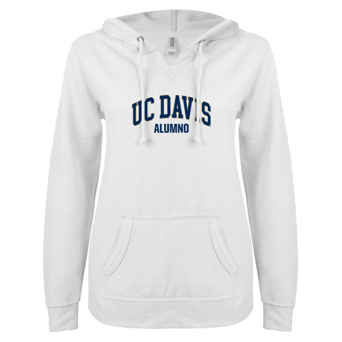  ENZA Womens White V Notch Raw Edge Fleece Hoodie - UC Davis Arched Alumno