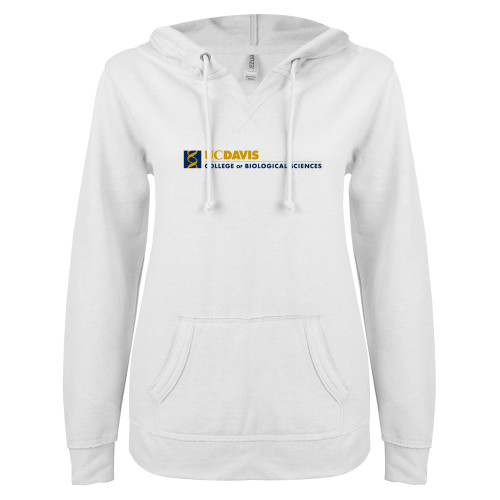  ENZA Womens White V Notch Raw Edge Fleece Hoodie - UC Davis College of Biological Sciences Flat
