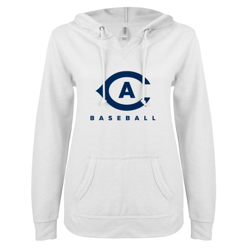  ENZA Womens White V Notch Raw Edge Fleece Hoodie - Baseball