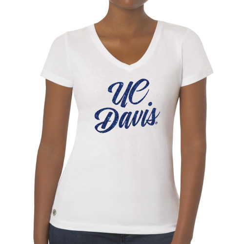  Fall Rush Ladies White V Neck Tee - H Dark Blue Glitter