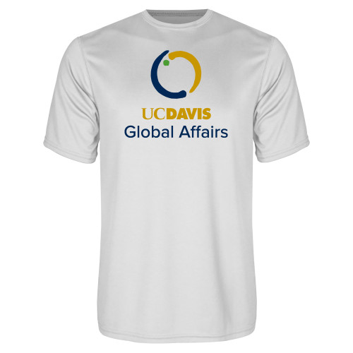  White Performance Tee - UC Davis Global Affairs Stacked