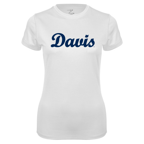  Womens White Performance Tee - Script Davis