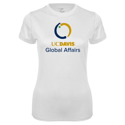  Womens White Performance Tee - UC Davis Global Affairs Stacked