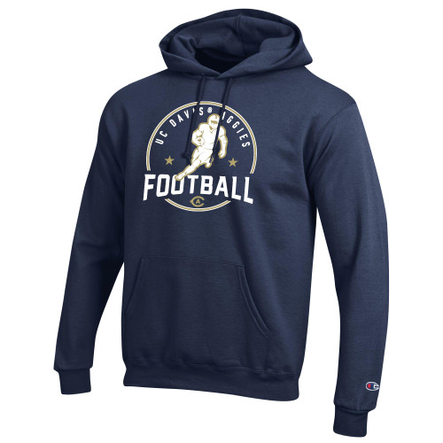  Champion Navy Fleece Hoodie - UC Davis Aggies Football Player with Ball