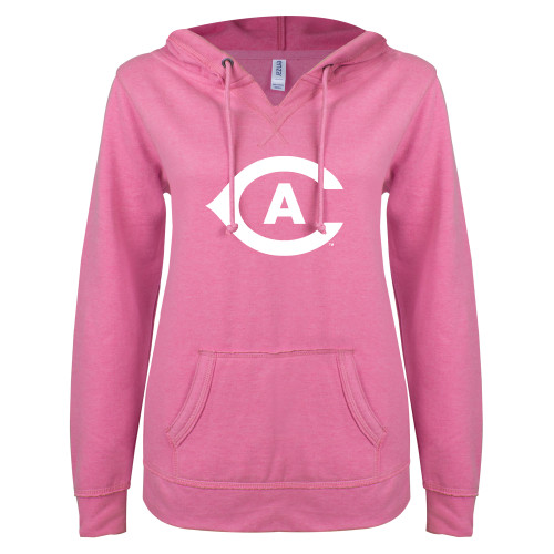  ENZA Womens Hot Pink V Notch Raw Edge Fleece Hoodie - Secondary Athletics Mark