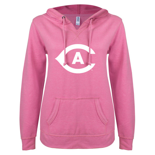  ENZA Womens Hot Pink V Notch Raw Edge Fleece Hoodie - Secondary Athletics Mark