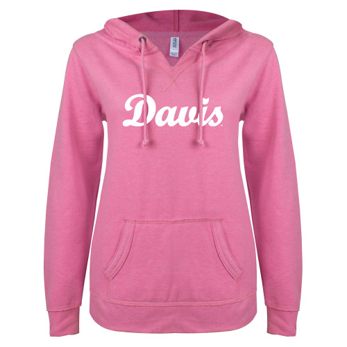  ENZA Womens Hot Pink V Notch Raw Edge Fleece Hoodie - Script Davis
