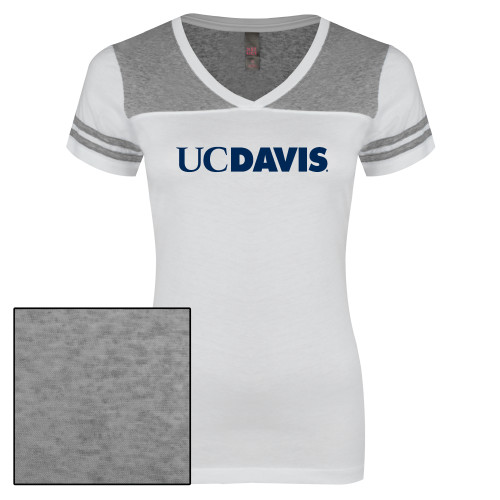  Womens White/Heather Grey Varsity V Neck Tee  - UC DAVIS