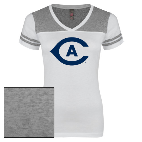  Womens White/Heather Grey Varsity V Neck Tee  - Secondary Athletics Mark