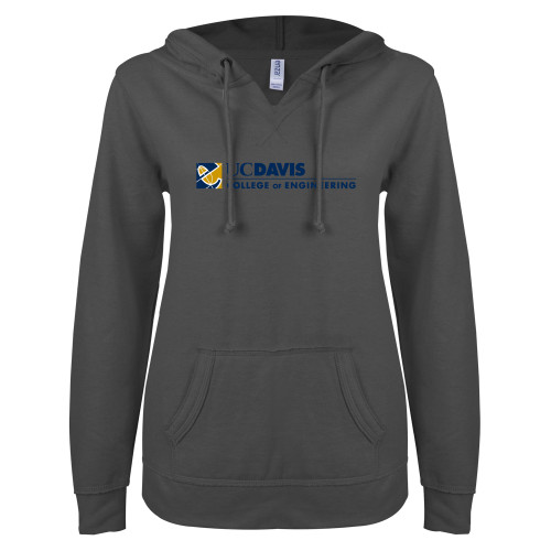  ENZA Womens Dark Heather V Notch Raw Edge Fleece Hoodie - College of Engineering