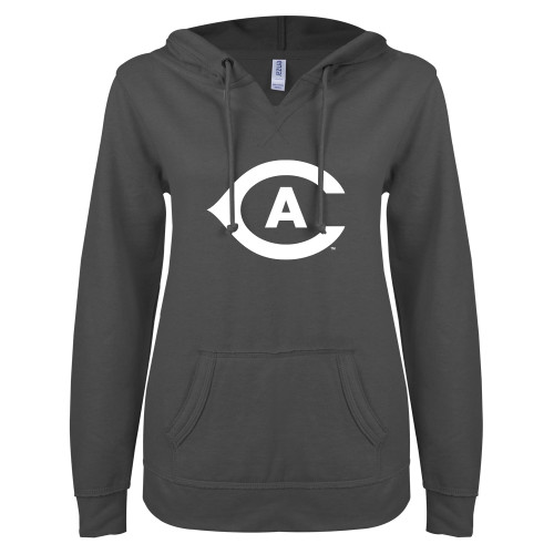  ENZA Womens Dark Heather V Notch Raw Edge Fleece Hoodie - Secondary Athletics Mark