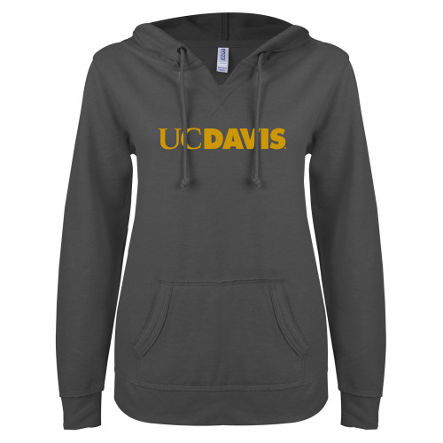  ENZA Womens Dark Heather V Notch Raw Edge Fleece Hoodie - UC DAVIS