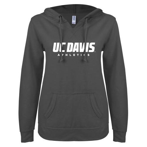  ENZA Womens Dark Heather V Notch Raw Edge Fleece Hoodie - Primary Athletics Mark
