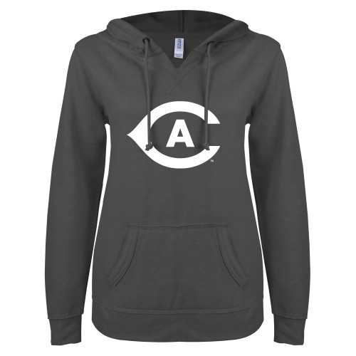  ENZA Womens Dark Heather V Notch Raw Edge Fleece Hoodie - Secondary Athletics Mark