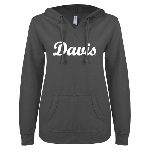  ENZA Womens Dark Heather V Notch Raw Edge Fleece Hoodie - Script Davis